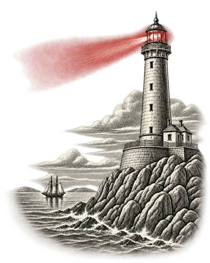 A lighthouse on a rocky shore casts a single beam guiding a small vessel — an engraving evoking the repository as a steady harness that guides any agent.