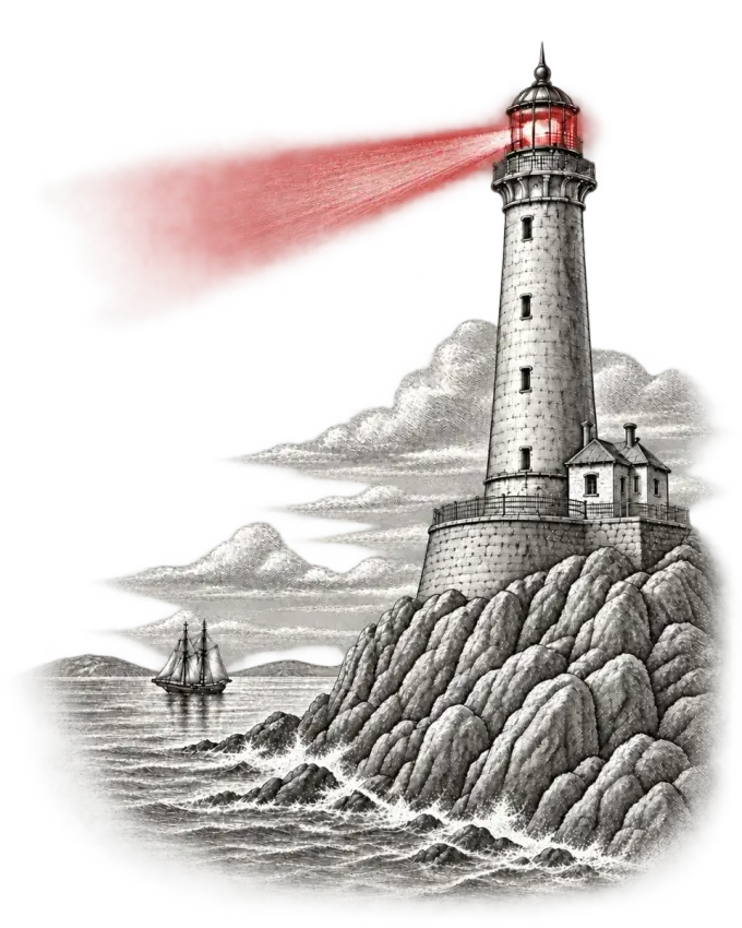 A lighthouse on a rocky shore casts a single beam guiding a small vessel — an engraving evoking the repository as a steady harness that guides any agent.